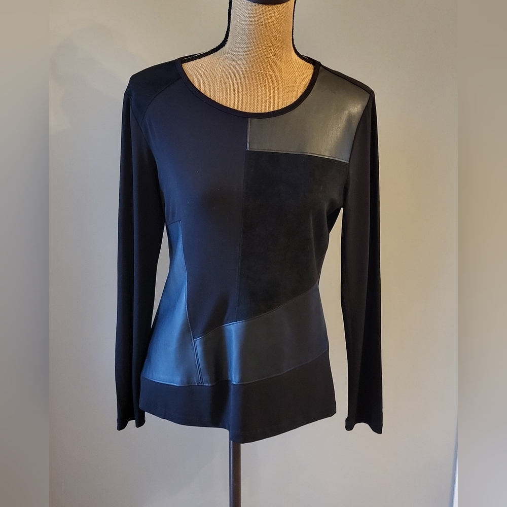 Calvin Klein Medium Black Polyester Knit Long Sleeved Tee Faux Suede/leather